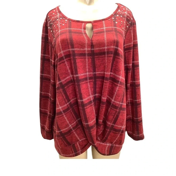 NY Collection Size 2X Red Checkered Long Sleeve Shirt. New With Tags - Picture 8 of 8